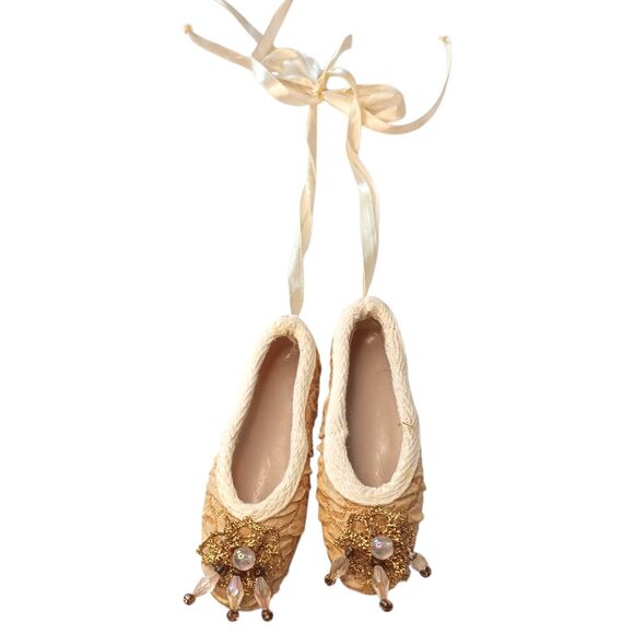 Ballet Slippers Toe Shoes Ornament Or Decor Gold Fabric Embellished & Ribbon 4.5 - Picture 3 of 14